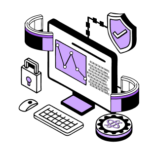 Illustration of autonomous systems with computer screens and blockchain symbols