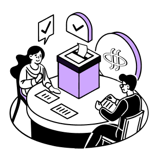 Illustration of decentralized network with connected nodes and computer screens showing blockchain data